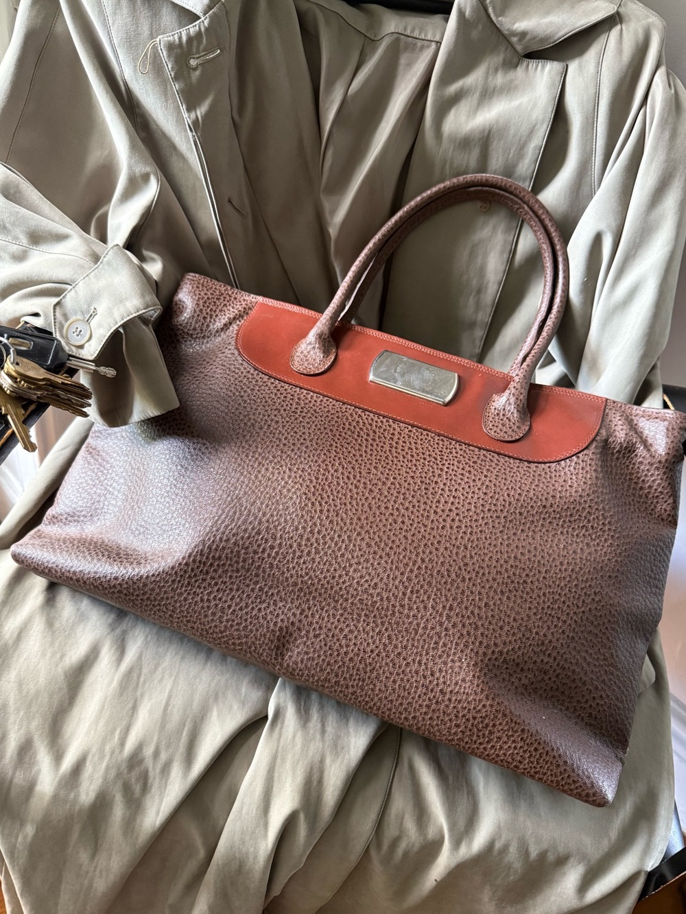 Italian Leather Tote XL Preppy  Brown Carryall Oversized Work Tote